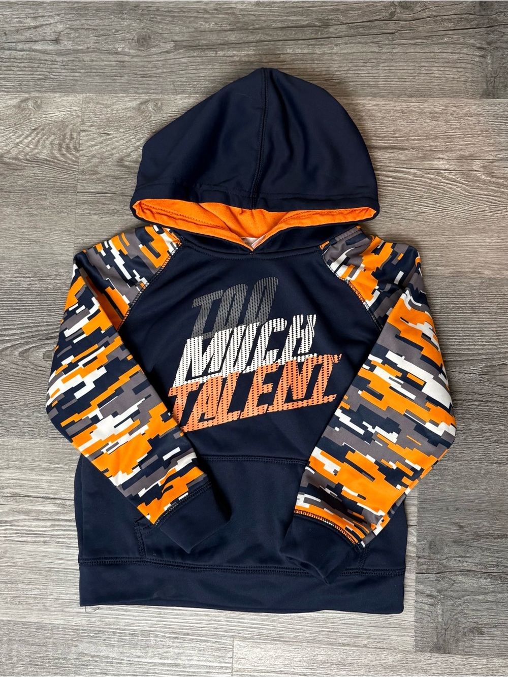 Koala Kids Navy & Orange Camo Sleeve Hooded Sweatshirt. Size 4T